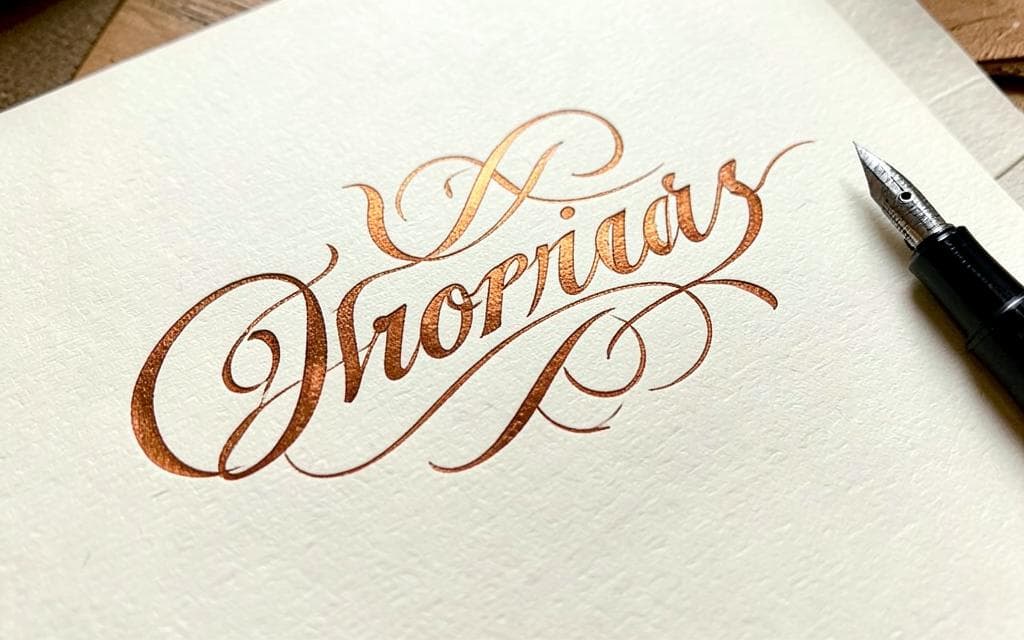 Copperplate calligraphy flourishes in warm brown ink on cream paper