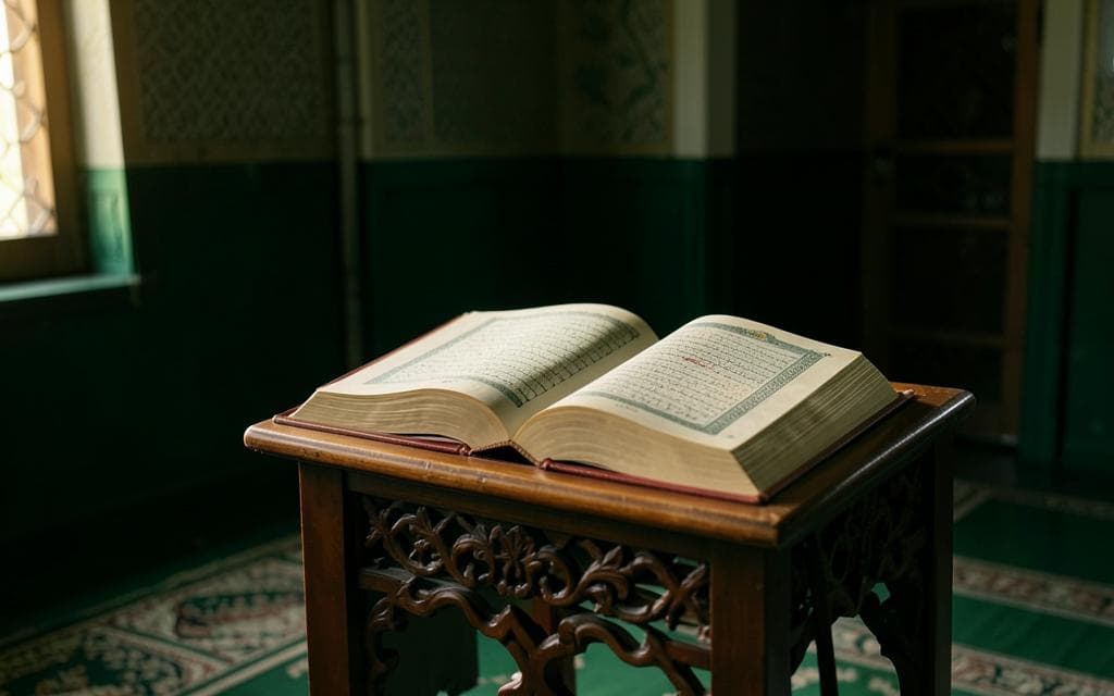 An open Holy Quran resting on a carved wooden stand